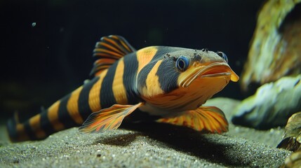 Clown loach with distinct stripes, tank with lots of hiding spots 