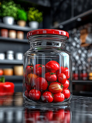 Glass jar filled with fresh red tomatoes, placed on a reflective kitchen countertop. Bright kitchen background, creating a cozy and vibrant atmosphere, perfect for culinary or home decor concepts