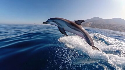 Fototapeta premium Dolphin leaping with joy above ocean waves, sunlight sparkling on sleek blue body