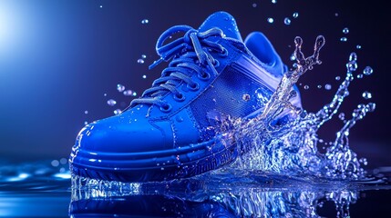 Dynamic blue sneaker splash in water, vivid aqua background, waterproof shoe close-up