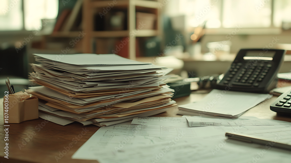 Poster stack of accounting documents on office desk with copy space paperwork flow concept
