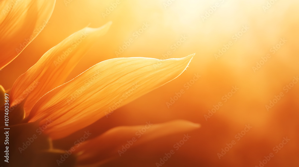 Aufkleber Sunflower petal in the foreground, bathed in the warm glow of sunlight background is soft orange gradient that transitions from light to dark creating an atmosphere reminiscent of sunset