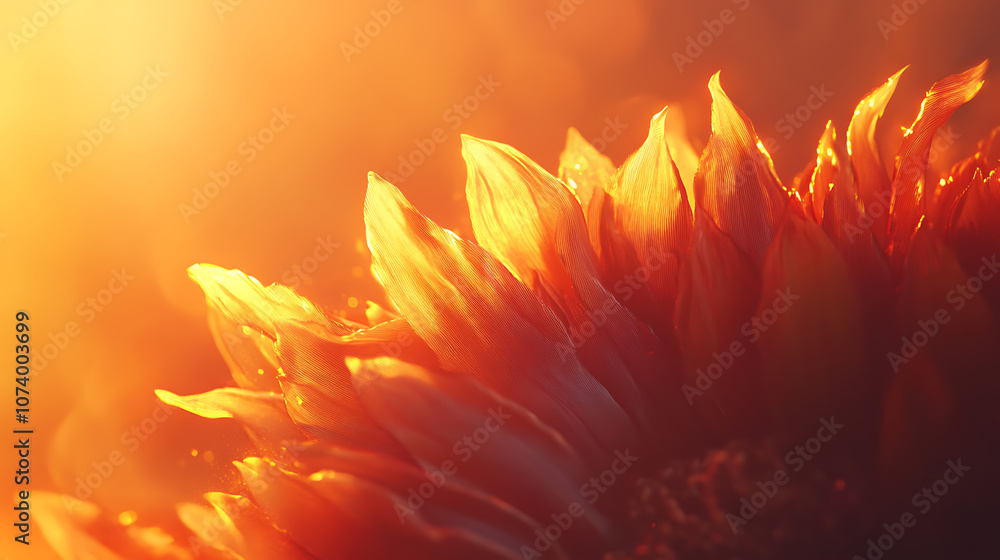 Aufkleber Sunflower petal in the foreground, bathed in the warm glow of sunlight background is soft orange gradient that transitions from light to dark creating an atmosphere reminiscent of sunset