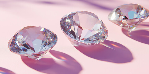 Sparkling diamonds reflecting light on pink background