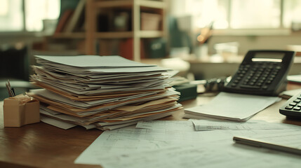 Stack of accounting documents on office desk with copy space paperwork flow concept