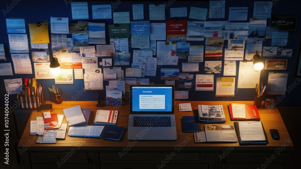 Poster Organized Workspace with Laptop, Notes, Calendars, and Various Documents Displaying a Busy Creative Environment for Productivity and Planning