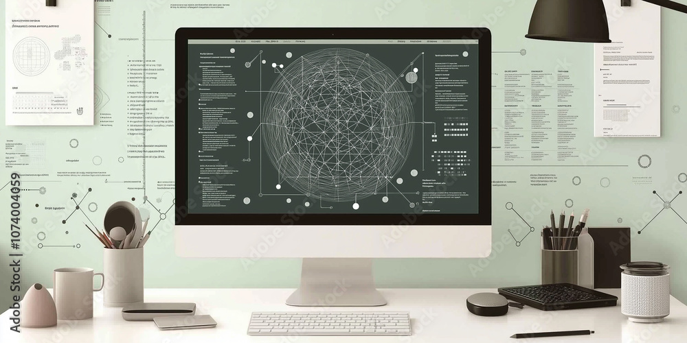 Aufkleber Computer showing global network and data analysis on turquoise wall in office