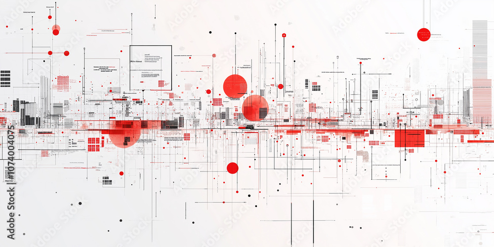 Poster Complex red and grey data flowing through futuristic network