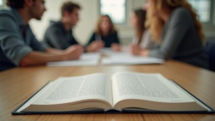 Open book on table in focus, blurred group of people discussing in background, concept of study or meeting. Generative, AI,