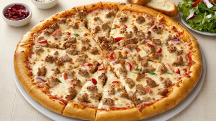 Delicious freshly baked pizza topped with savory sausage, peppers, and cheese, served with sides of salad and bread, perfect for a hearty meal or gathering with friends