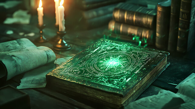 Emerald tablet of thoth / hermes trismegistus glowing with ancient symbols, set in mystical, candlelit study. scrolls and books in background add to arcane atmosphere. Arcane. Illustration