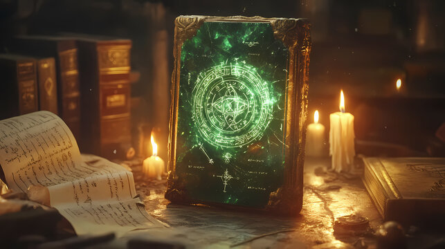 Emerald tablet of thoth / hermes trismegistus glowing with ancient symbols, set in mystical, candlelit study. scrolls and books in background add to arcane atmosphere. Arcane. Illustration