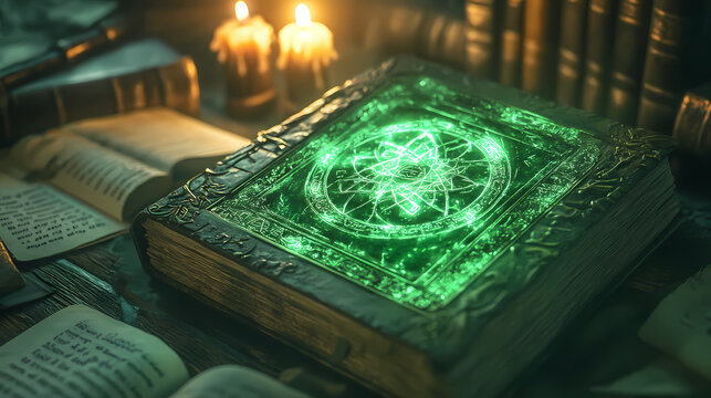 Emerald tablet of thoth / hermes trismegistus glowing with ancient symbols, set in mystical, candlelit study. scrolls and books in background add to arcane atmosphere. Arcane. Illustration
