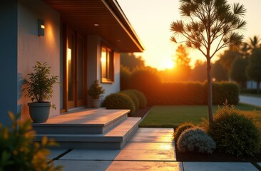 Tranquil suburban home entrance at sunset with lush greenery and soft warm light