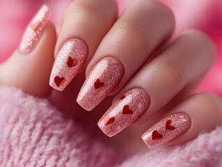 Pink Valentine's Day glitter nails with red hearts on cozy pink background with a sweater. Cute manicure closeup for nail salon promo