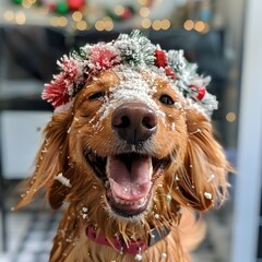 Golden retriever dog with holiday wreath and snow on face, smiling happily