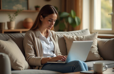Woman working on laptop at home in cozy living room setting