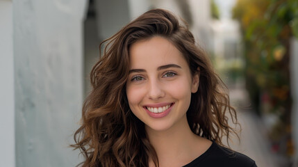 Radiant young woman with curls, enjoying the beauty of nature. Her joyful smile lights up the serene landscape.