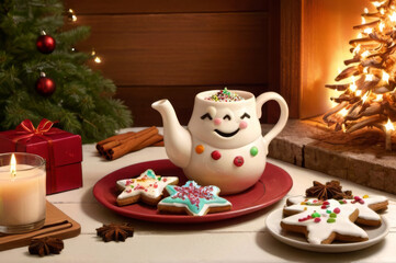 Fototapeta premium Cozy Christmas Tea with Gingerbread Cookies, Spices, and Holiday Decorations.