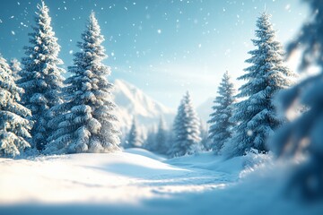 Obraz premium A serene winter landscape featuring a forest of snow-laden pine trees under a clear blue sky.