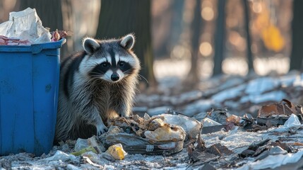Raccoon Foraging in a Wintery Forest