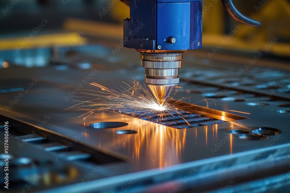 Poster laser cutter in action cutting metal. the image shows a close-up view of a laser cutter cutting a me