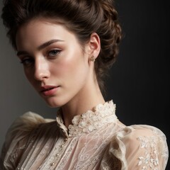 A photograph of a young woman with fair skin and brown hair styled in an elegant updo. She has delicate facial features with subtle makeup emphasizing her eyes and lips.