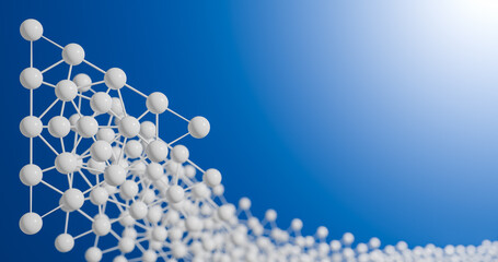 White triangular design of white spheres on blue background, business card, advertising, 3d illustration