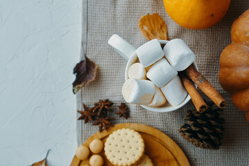 Create a cozy atmosphere with hot cocoa, marshmallows, snacks on an autumnthemed table with decorations