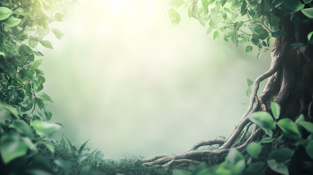 Lush green foliage and gnarled tree roots frame a hazy, ethereal background. a sense of mystery and tranquility. perfect for nature, fantasy, or environmental themes. Arcane. Illustration