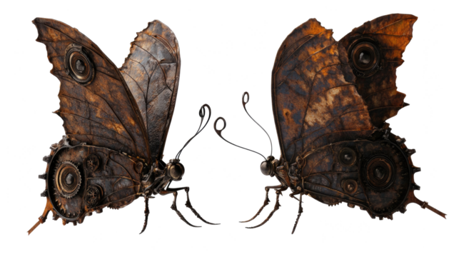 Steampunk Butterflies With Mechanical Details on Clear Background Generative AI