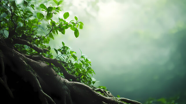 Lush green foliage and gnarled tree roots frame a hazy, ethereal background. a sense of mystery and tranquility. perfect for nature, fantasy, or environmental themes. Arcane. Illustration