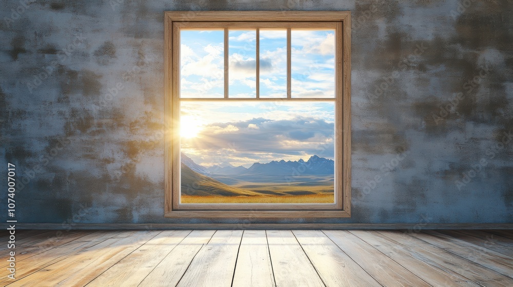 Aufkleber sunlight filters through a wooden window, illuminating a tranquil landscape with mountains and a bri