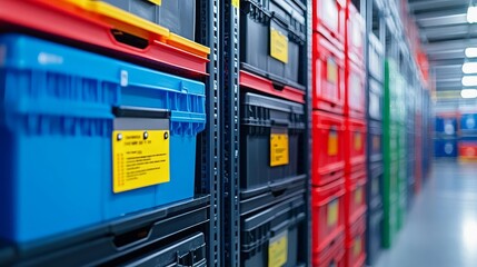 Industrial Inventory management Rows of organized storage bins with inventory tags, representing systematic inventory control