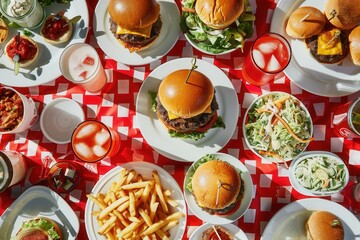 American-style meal with burgers, fries, and drinks on a checkered cloth, with a retro interior background..