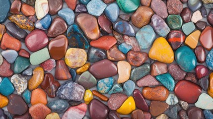 Vibrant polished gravel stones showcase unique textures and patterns, perfect for enhancing landscaping and decor.