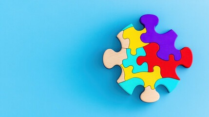 Obraz premium Vibrant wooden puzzle piece embodies autism awareness, showcasing uniqueness and connection on World Autism Awareness Day.