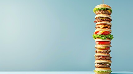 A vibrant display of juicy burgers stacked high against a light blue backdrop, showcasing flavors and textures.
