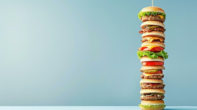 A vibrant display of juicy burgers stacked high against a light blue backdrop, showcasing flavors and textures.