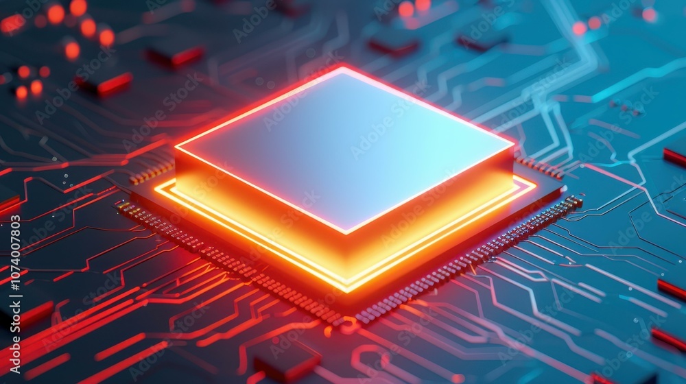 Poster explore an abstract 3d render showcasing a cpu chip on a motherboard, highlighting intricate circuit