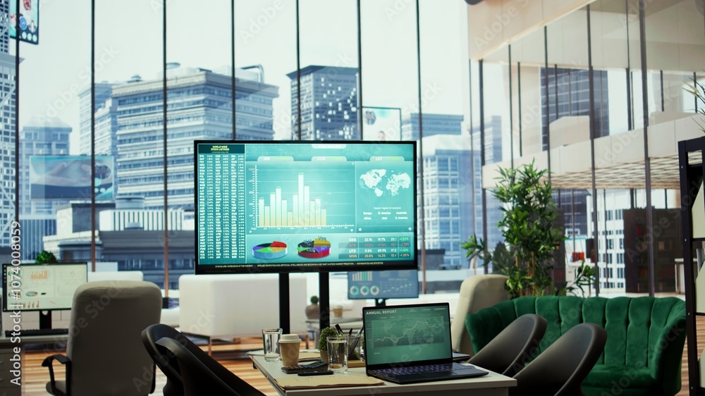 Poster in a professional boardroom, computer screen showcases business data and statistics, aiding executiv