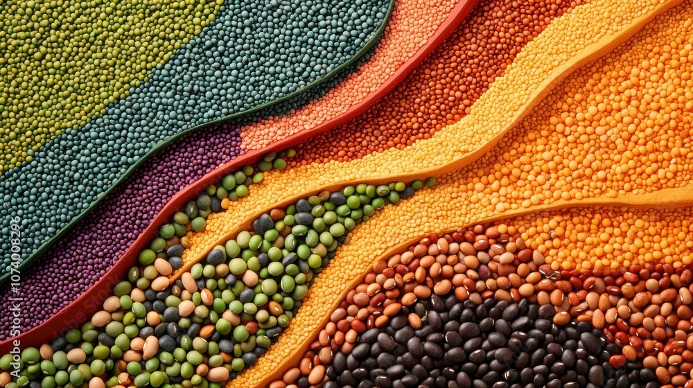 Poster an intricate arrangement of colorful beans, lentils, and seeds flows in harmonious waves, creating a