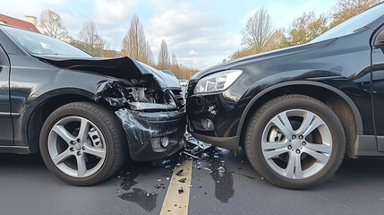 Auto accident involving two black SUVs on a suburban road during autumn, a front-end collision with visible vehicle damage on an empty street.