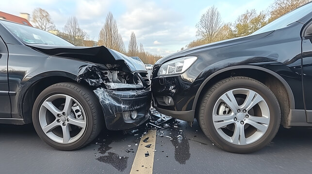Auto accident involving two black SUVs on a suburban road during autumn, a front-end collision with visible vehicle damage on an empty street.