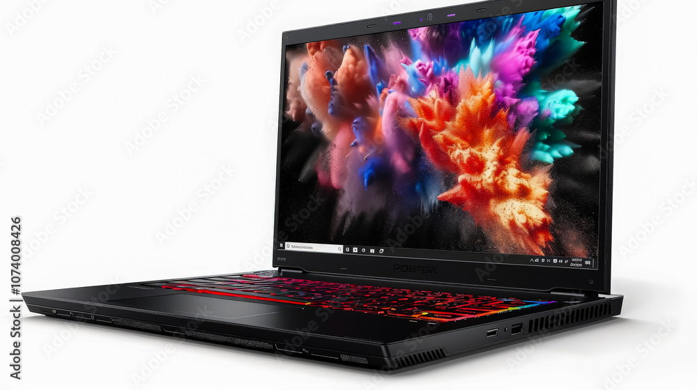 Poster laptop computer with a colorful screen displaying a bright, colorful explosion
