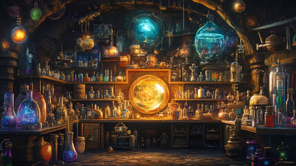 Mysterious alchemist's laboratory: a journey into the unknown. Arcane. Illustration