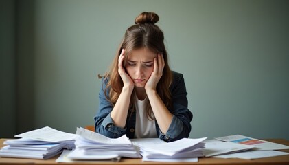 Frustrated Businesswoman Overwhelmed by Work