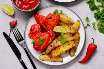 Chicken wings with spicy mango habanero sauce, lime wedges and cilantro .selective focus