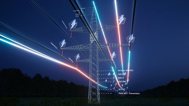 Visualization of fast moving energy travelling through power pole wires over night sky. AR data of interconnected electrical grid network delivering electricity to households, 3d render animation