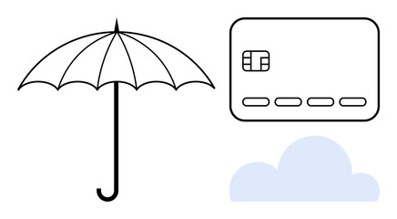 Umbrella symbolizing protection, credit card representing finance, and cloud illustrating technology and storage. Ideal for insurance, finance, technology, online security, savings, cloud computing © robu_s